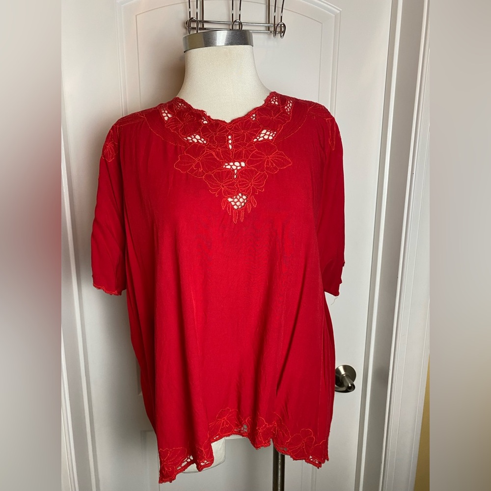Vintage Red Floral Embroidered Cut Out Boho Relaxed Fit Blouse XL